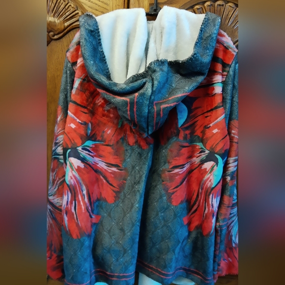 Johnny Was BIYA Rising Sun Sherpa Cozy Hooded Jacket Coat L Blue Red - Picture 7 of 12